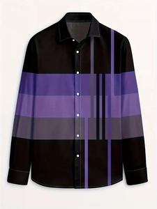 Detail of men's long sleeve shirt featuring purple and black geometric block patterns