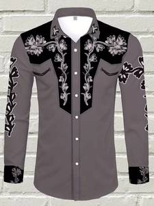 Detailed view of Western retro floral print on shoulder and collar of men shirt