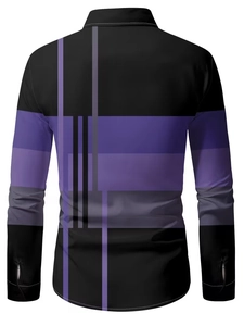 Macro view of the back of a men's long sleeve shirt with geometric purple print