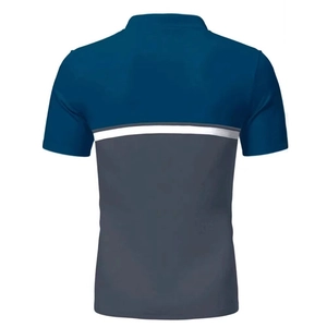 Rear view of men's polo shirt featuring navy and grey color blocking with white stripes