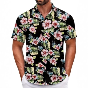 Men's black Hawaiian shirt with red hibiscus flower and tropical green leaf prints