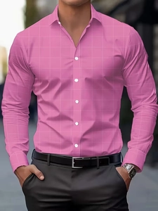 Detail view of pink long-sleeved shirt with white grid pattern and button-down collar