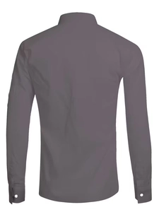 Detail of dark grey slim fit men's long sleeve shirt with white contrast cuff buttons