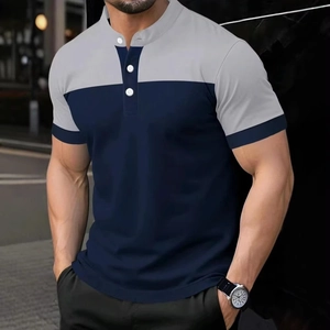 Close-up of contrast grey and navy polo shirt with three-button collar detail