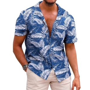 Men's blue Hawaiian short sleeve shirt with tropical white palm leaf digital printing