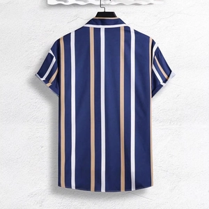 Dettaglio delle strisce verticali blu, bianche e kaki su camicia a maniche corte