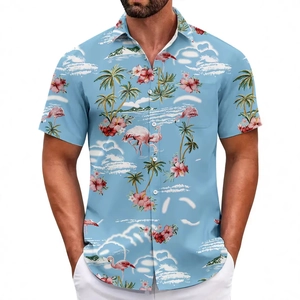 Men's light blue Hawaiian shirt with pink flamingo and tropical palm tree prints
