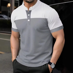 Detail of grey and white contrast stitching and button placket on men's slim polo shirt