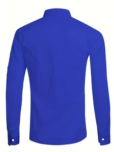 Rear view of a royal blue slim-fit men's business shirt with buttoned white cuffs