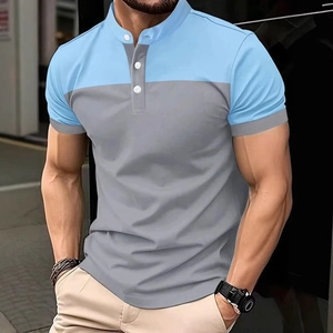 Detailed close-up of a men's short sleeve color block polo shirt with a stylish stand collar