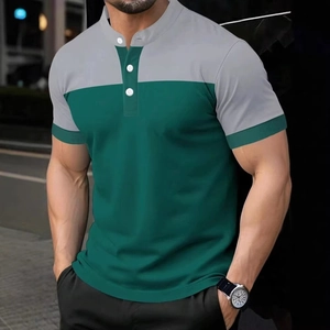 Detailed shot of striped polo shirt showing grey and dark green panels and button collar
