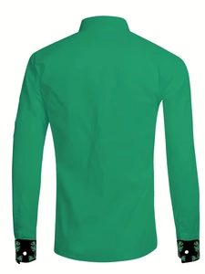Detail of green long sleeve shirt with floral embroidered cuffs and mandarin collar