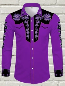 Detail of western style purple shirt featuring black floral embroidery on the shoulders