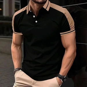 Detail of men's polo shirt showing contrast color collar and white button closure