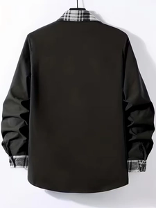Rear view of black long sleeve shirt with plaid collar and cuff contrast details