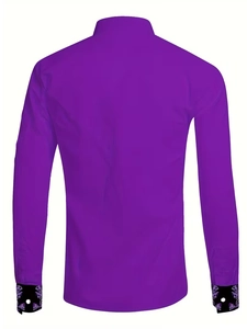 Back view of purple slim fit long sleeve men's shirt with floral contrast cuffs
