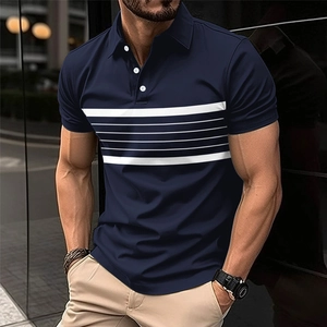 Men Short Sleeve Polo Shirt Striped Lapel Casual Sporty Top Breathable Polyester Summer Streetwear Color Block Polo For Men