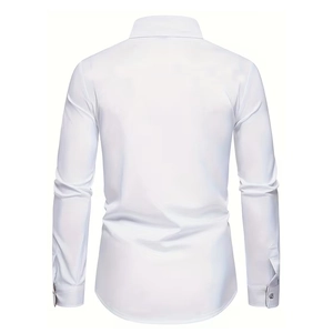 Back view of a slim fit men white long sleeve shirt with crisp collar and button cuffs