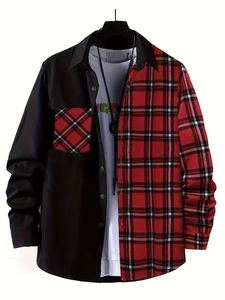 Detailed view of long sleeve shirt with asymmetrical black leather and red plaid design