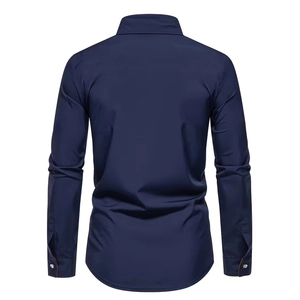 Back view of a men's navy blue long sleeve shirt with curved hem and classic collar