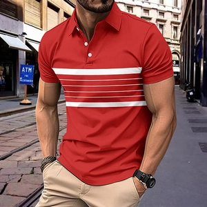 Red men's golf polo shirt with white horizontal stripes and a classic button collar