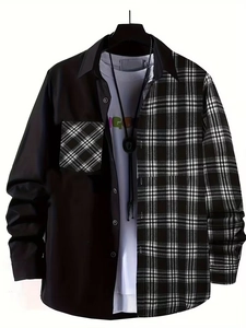 Detail of men's long sleeve shirt with contrast black and white plaid patchwork design