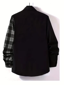 Detail view of men's black shirt featuring unique black and white checkered sleeve contrast