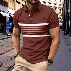 Men's brick red short sleeve polo shirt with white horizontal stripes and slim fit cut