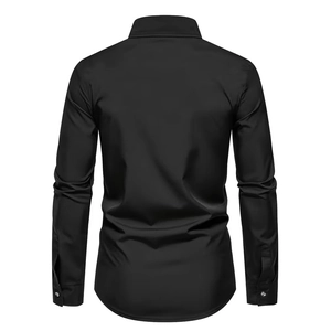 Detailed back view of a men's slim fit long sleeve black shirt with clean yoke stitching