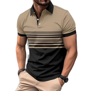 Men's khaki and black color-block striped short sleeve polo shirt with breathable mesh