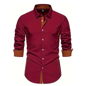 Detail view of burgundy slim fit shirt with contrast brown inner collar and cuffs