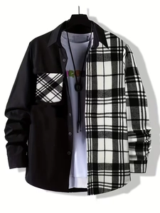 Detail of men's long-sleeve shirt featuring black and white plaid patchwork and chest pocket