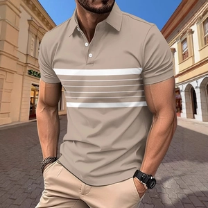 Men's khaki short sleeve polo shirt with white horizontal stripes in an urban street setting