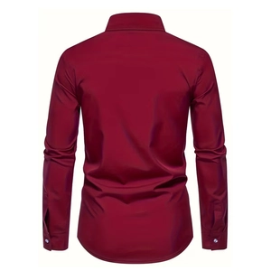 Detailed back view of a slim-fit men's long-sleeve shirt in elegant deep burgundy silk fabric