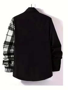 Detail of men's long sleeve shirt featuring asymmetrical black and white plaid patchwork