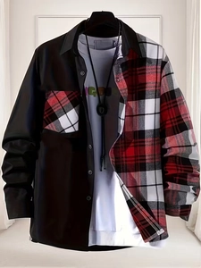 Detail view of men's hybrid shirt with black leather texture and red plaid pattern