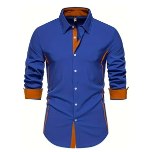 Detail view of the slim-fit royal blue shirt featuring orange contrast collar and button placket