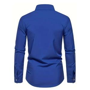 Rear view of royal blue slim fit long sleeve men shirt with curved hem on white background