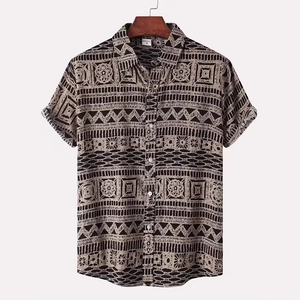 Herenoverhemd met korte mouwen en retro zwart-beige geometrische etnische print