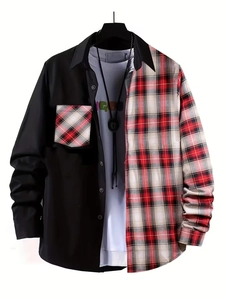 Close-up of men's trendy shirt featuring asymmetric black and plaid spliced fabric