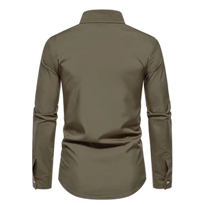 Rear view of men's slim fit long sleeve shirt in army green with buttoned cuffs