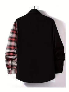 Detail of the asymmetric plaid sleeve and black fabric on this men's long sleeve shirt