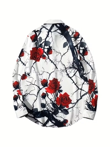 Detailed back view of men's long sleeve shirt with red rose and black thorn prints
