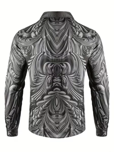 Detailed back view of men's long sleeve shirt with 3D embossed gray and black patterns