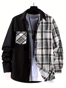 Close-up of men's long sleeve shirt with modern black and grey plaid patchwork design