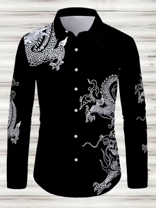 Detail shot of the white Chinese dragon print and buttons on a black long sleeve shirt