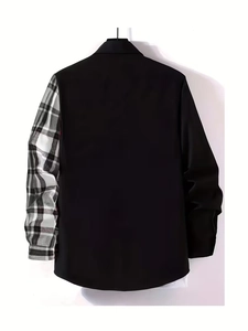 Detail of men's casual shirt featuring a unique asymmetric black and white checkered sleeve