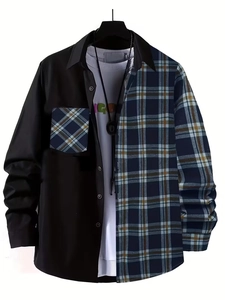 Detail of men's long sleeve shirt with black fabric and blue yellow plaid patchwork design