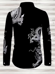 Detail view of men's black slim fit shirt featuring white dragon print and mandarin collar