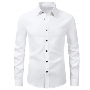Men Business Casual Long Sleeve Shirt Solid Color Turn Down Collar Slim Fit Polyester Breathable Office Work Dress Shirt